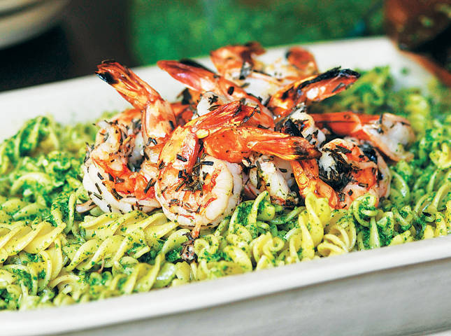 Fusilli with Watercress Pesto and Grilled Rosemary Prawns