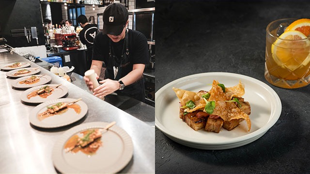 Left: Chef Patrick Go preparing the Salmon Kushiyaki course. Right: Pork Chashu Tostada