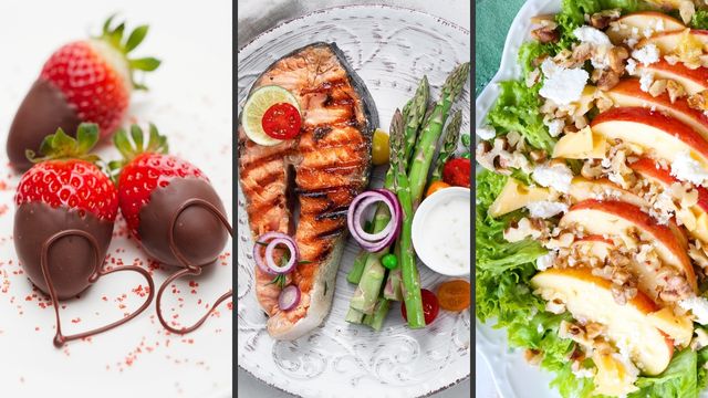 from left to right: chocolate-dipped strawberries, roasted salmon and asparagus, apples topped with walnuts