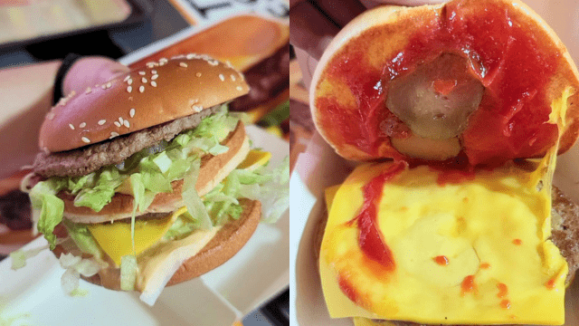 left: McDonald's Big Mac. right: the ketchup in a Double Cheeseburger