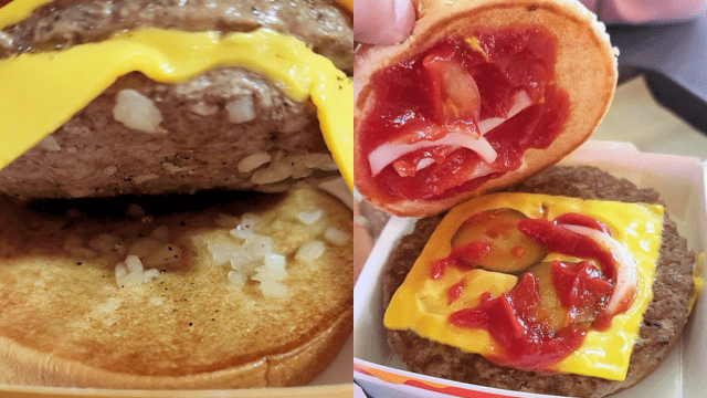 left: the shredded cooked onions in a McDonald's Double Cheeseburger. right: the fresh sliced onions on a Quarter Pounder with Cheese.