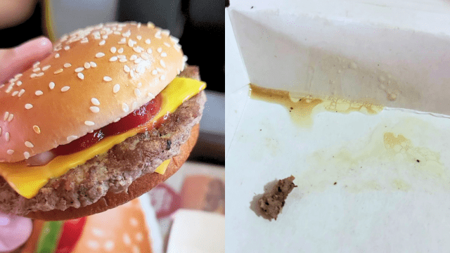 left: McDonald's Quarter Pounder with Cheese. right: the juice oozed out from the McDonald's burger patties